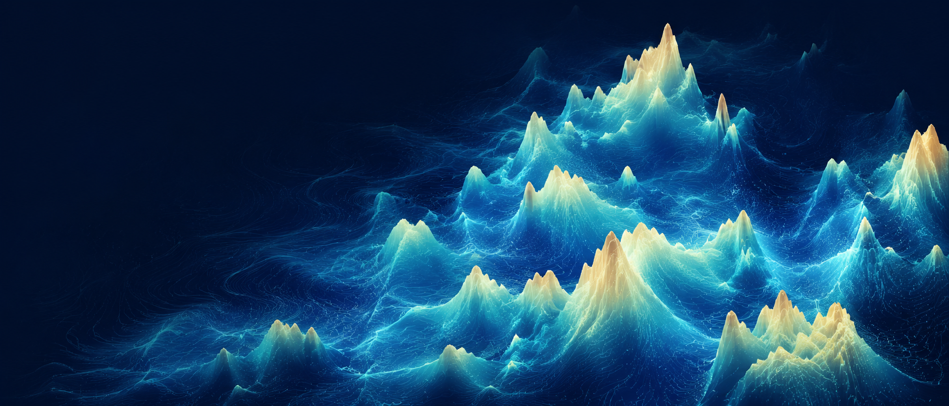 Topographic peaks rising from a deep blue embedding space — a visualization of how language models organize meaning.