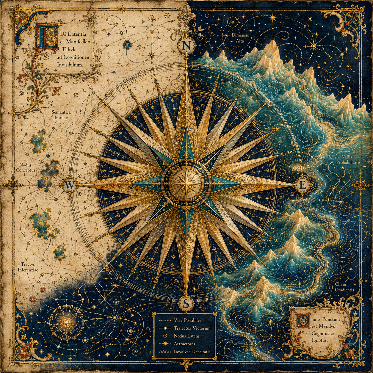 A medieval nautical compass rose overlaid on a map of AI embedding space — where old cartography meets new minds.